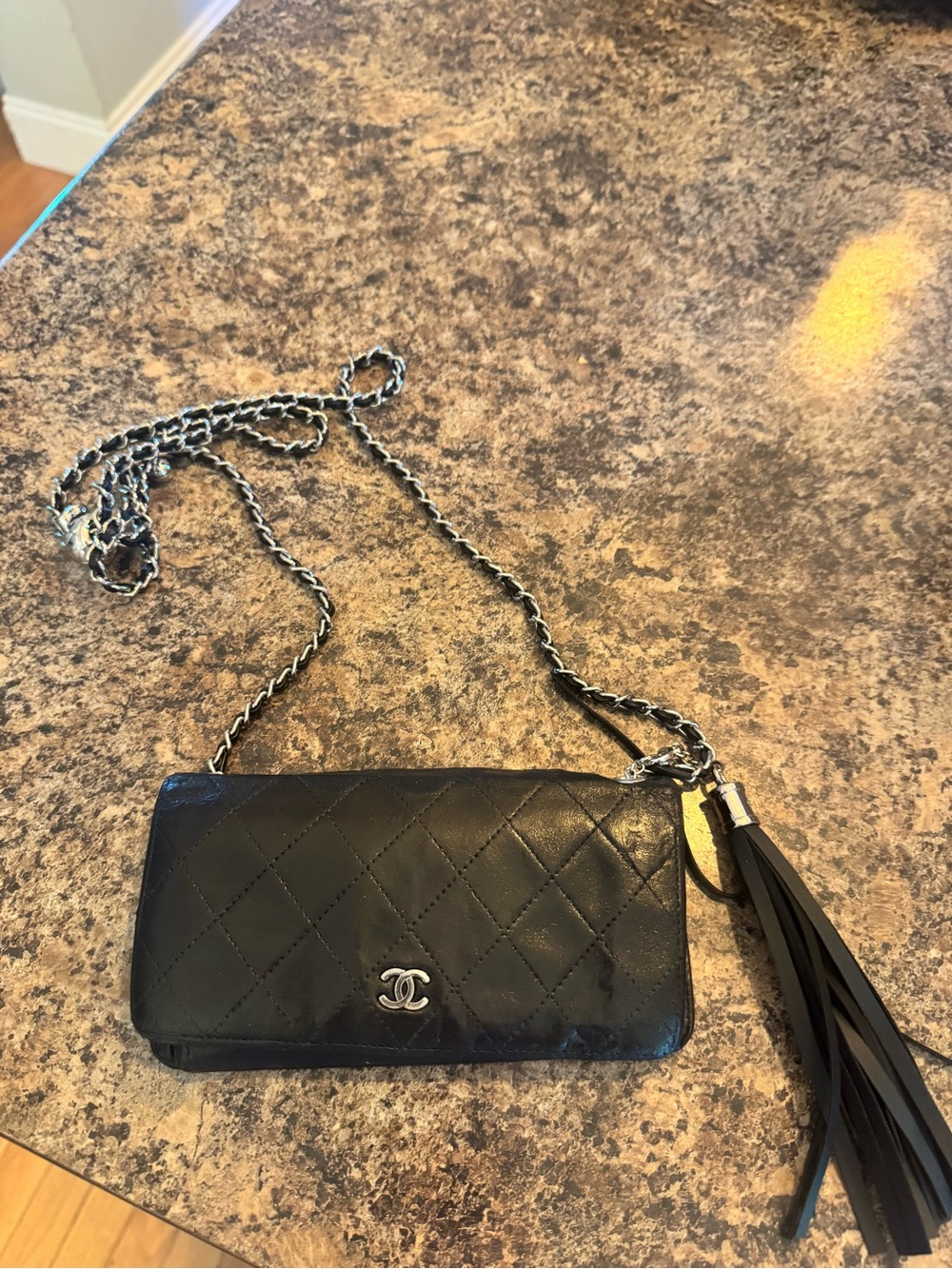 CHANEL Black Quilted Leather Crossbody Wallet with Tassel - Fair Condition